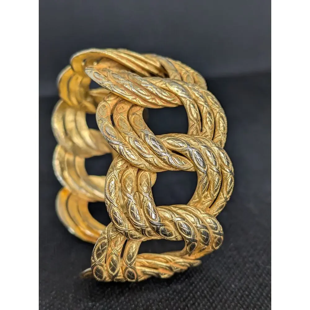 Vintage Dominique Aurientis Paris Gold Wide Thick Etched Cuff Bracelet Carved - Picture 7 of 8